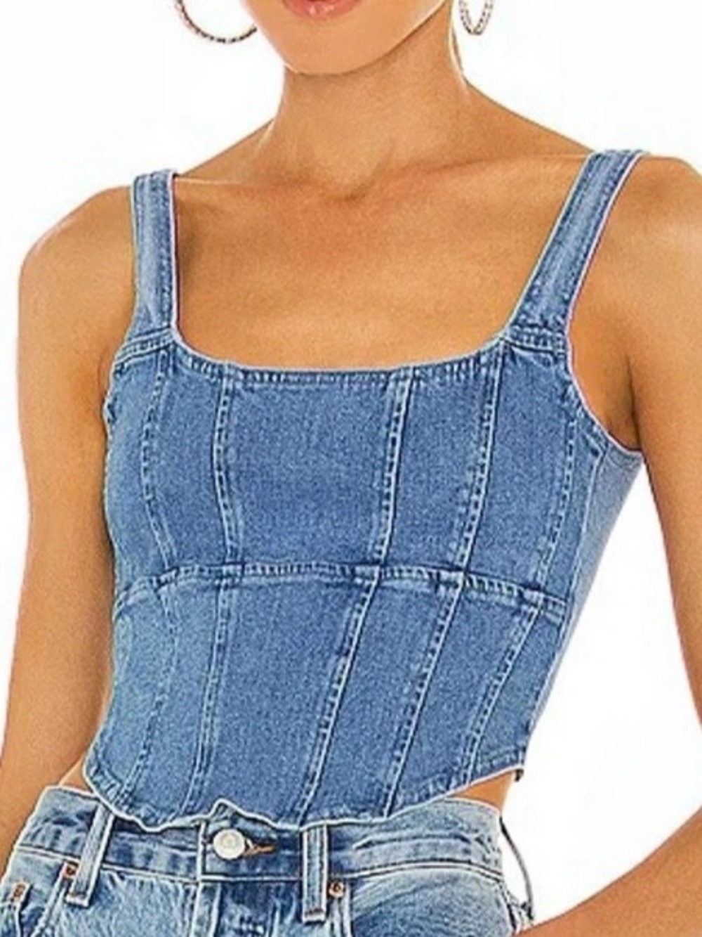 OW Collection X Revolve Demi Top Denim Square Neck Top in Blue XS